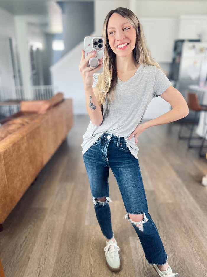 Effortless Short Sleeve V-neck Tee in Heather Grey