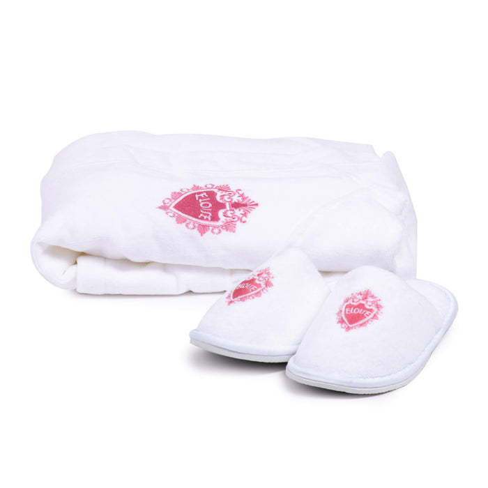 Eloise adult robe next to a pair of Eloise slippers on a white background