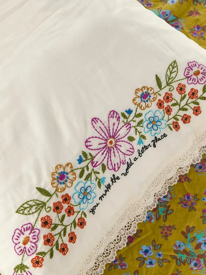 Embroidered Cotton Giving Pillowcase - You Make The World Better-view 1