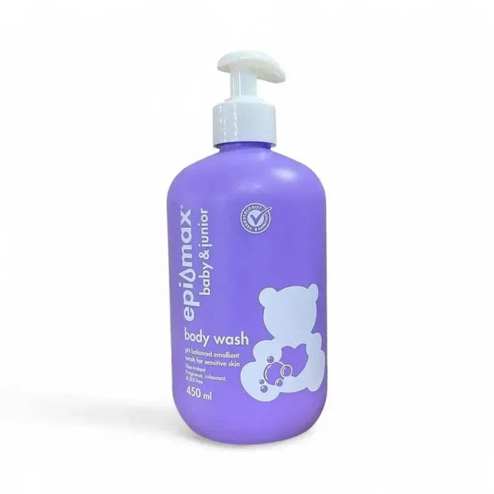 Epimax Baby & Junior Body Wash Pump 450ml, gentle pH-balanced emollient for sensitive skin, fragrance-free, dermatologist approved.