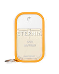 Eternia Oud Saffron mist spray bottle with orange frame and clear window label