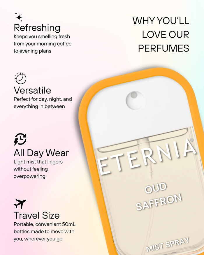 Eternia Oud Saffron travel mist spray bottle with orange frame and clear cap