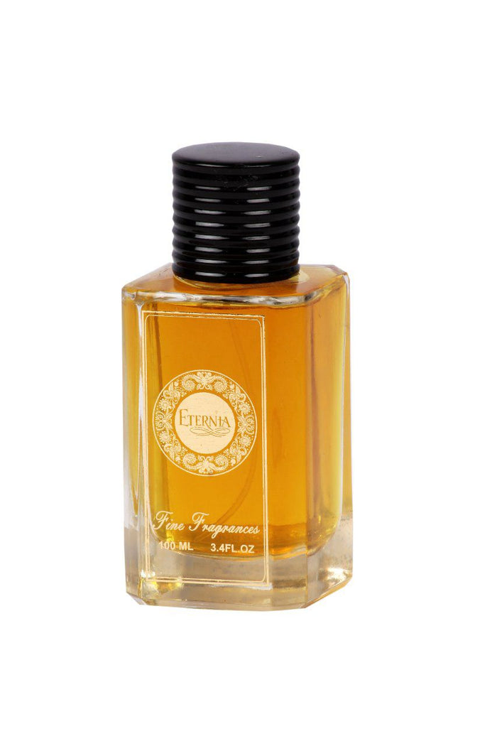 Amber Eau de Parfum bottle with black ribbed cap and ETERNIA round label