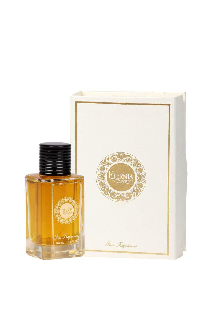 Amber Eau de Parfum bottle with black ribbed cap and ETERNIA label, with white box
