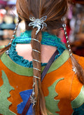 Complete silver Fairy hair accessory set with 6-inch spiral ponytail holder and matching 4-inch Hair Twisters, featuring a Fairy centerpiece, silver spiral wrap, dangling fairy charm, and braided side accents, worn by model from the back.