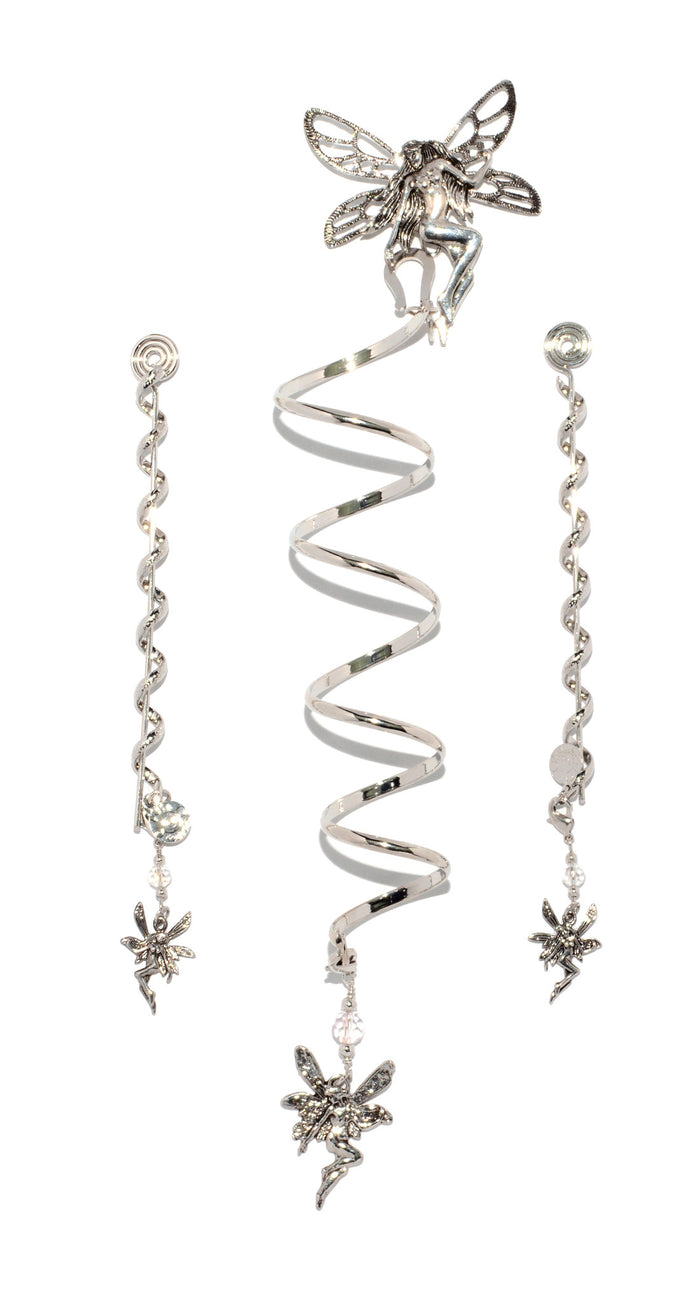 Silver fairy charm hair wrap set with adjustable spiral coil and dangling fairy charms, front view