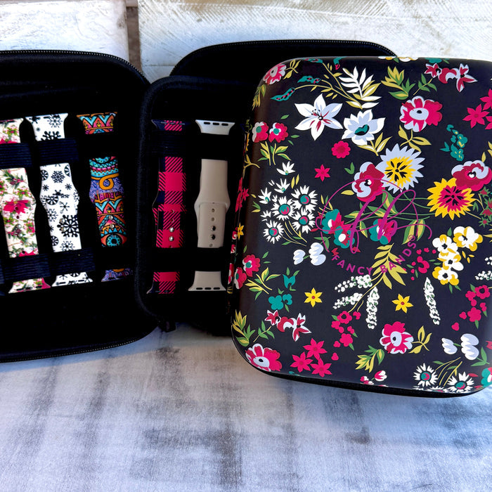Fancy Floral Print Fancy Band Storage Case — Case made of PU leather, Nylon, Multi spandex, Lycra Dimensions are W 7 3/4" X L 8 1/2" X H 4 1/2" This item is storage case only bands not included.