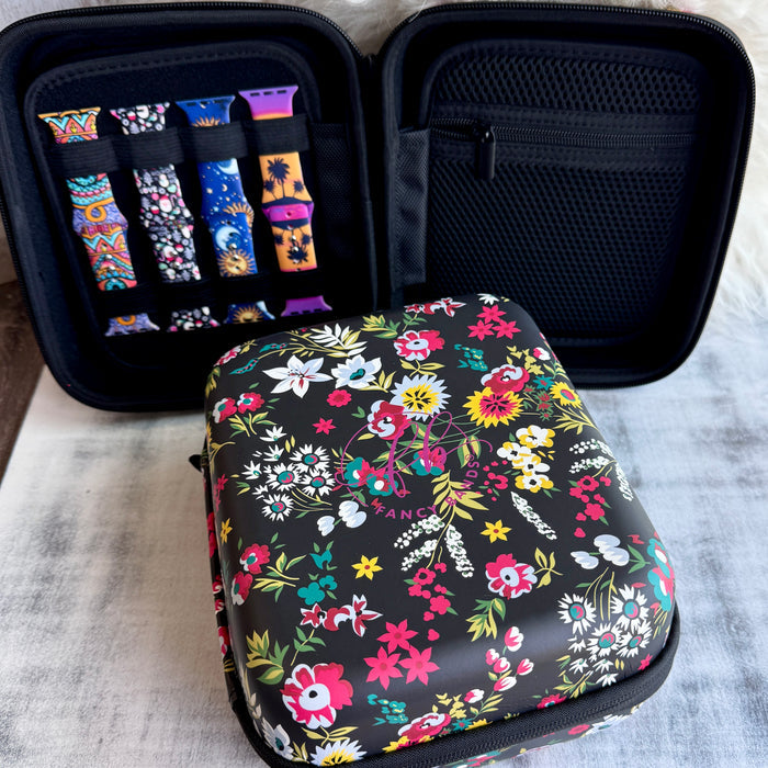 Fancy Floral Print Fancy Band Storage Case — Case made of PU leather, Nylon, Multi spandex, Lycra Dimensions are W 7 3/4" X L 8 1/2" X H 4 1/2" This item is storage case only bands not included.