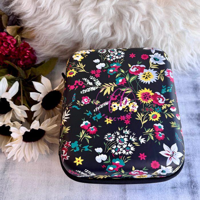 Fancy Floral Print Fancy Band Storage Case — Case made of PU leather, Nylon, Multi spandex, Lycra Dimensions are W 7 3/4" X L 8 1/2" X H 4 1/2" This item is storage case only bands not included.