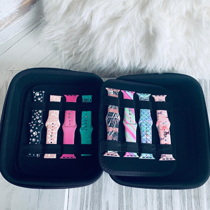 Fancy Floral Print Fancy Band Storage Case — Case made of PU leather, Nylon, Multi spandex, Lycra Dimensions are W 7 3/4" X L 8 1/2" X H 4 1/2" This item is storage case only bands not included.