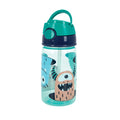 The Flip-It Active Soft Straw Canteen is a clear plastic kids' water bottle with a blue and teal lid, playful blue and orange cartoon monsters, a built-in soft straw, carry handle, and no-spill design.