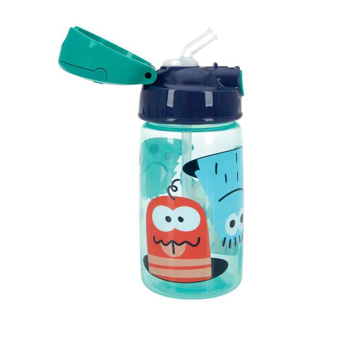 The Flip-It Active Soft Straw Canteen is a turquoise kids’ water bottle with a no-spill flip-top green lid and built-in soft straw, featuring playful orange and blue cartoon monster faces on the side.
