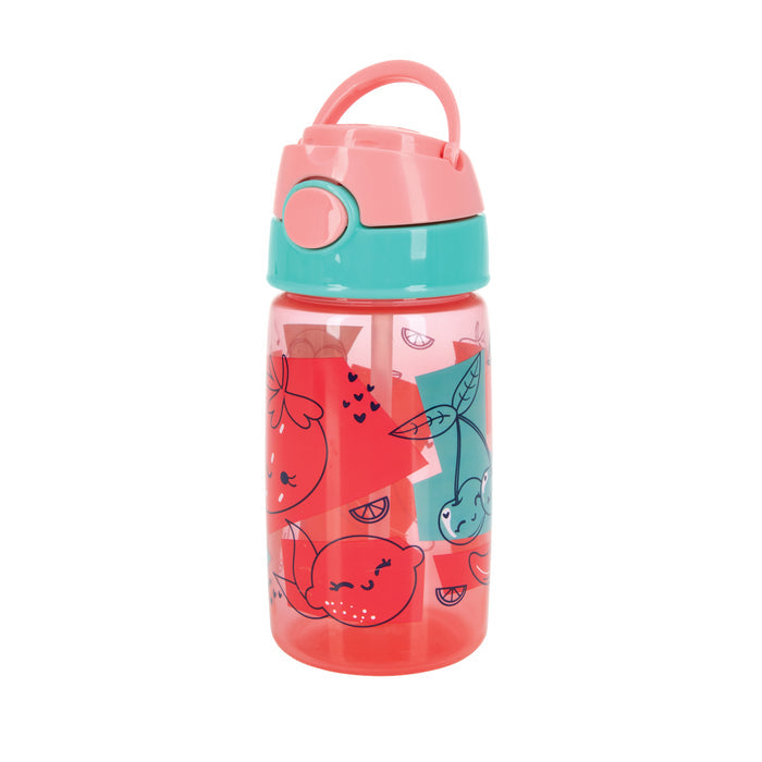 The Flip-It Active Soft Straw Canteen is a pink and teal kids water bottle with a flip-top lid, cute fruit cartoon designs, no-spill feature, and a soft straw for easy sipping.