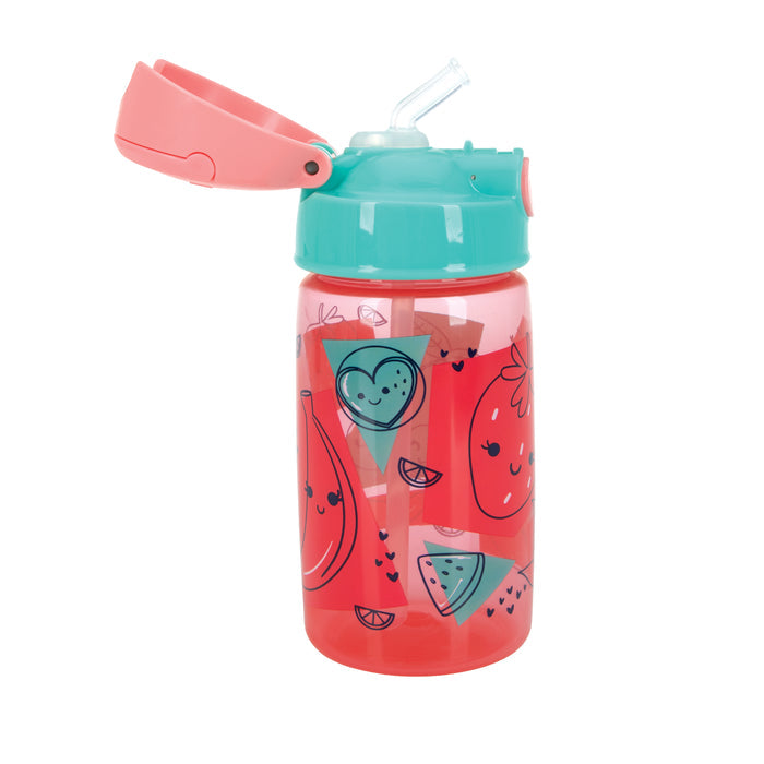 The Flip-It Active Soft Straw Canteen is a kids’ water bottle with a pink base, teal lid, and cute watermelon and strawberry designs. It has a no-spill flip-up soft straw and carrying handle for easy use on the go.