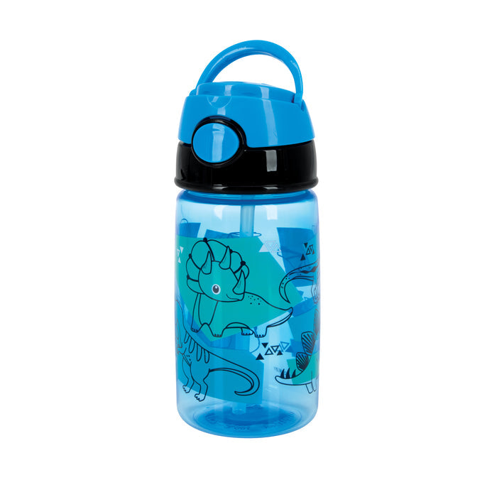 The Flip-It Active Soft Straw Canteen is a blue kids' water bottle with dinosaur illustrations, a black and blue lid, top carrying handle, and a no-spill soft straw.