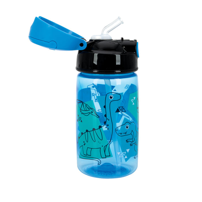 The Flip-It Active Soft Straw Canteen is a blue kids’ water bottle with a no-spill flip-top lid, featuring cartoon dinosaur designs in green and blue tones.