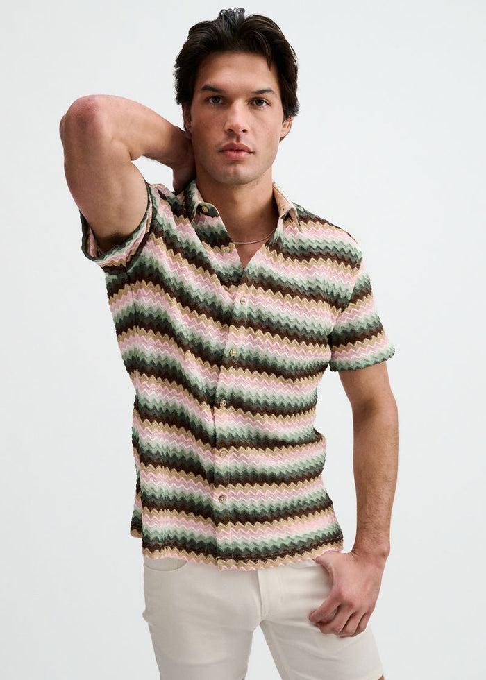 Forest/Moss Open Knit Stretch Chevron Short Sleeve Shirt St-24078