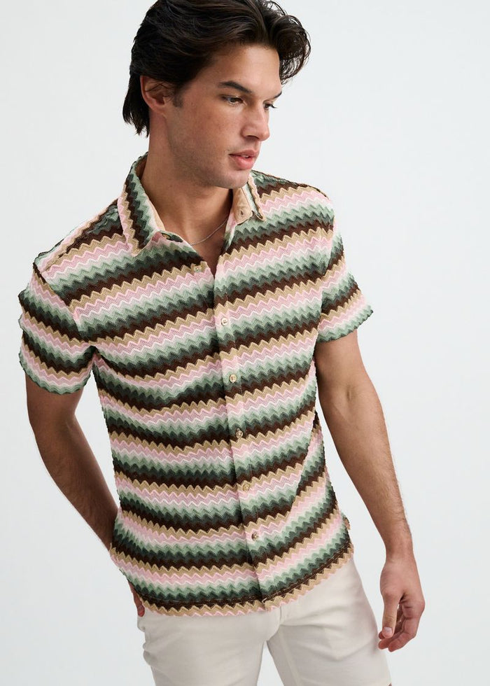 Forest/Moss Open Knit Stretch Chevron Short Sleeve Shirt St-24078