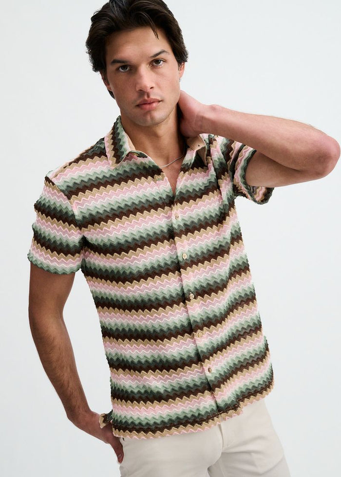 Forest/Moss Open Knit Stretch Chevron Short Sleeve Shirt St-24078