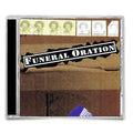 The Funeral Oration CD cover displays the brand name in bold white letters on a brown background resembling a parcel, adorned with Dutch stamps and postmarks—a classic style for any Funeral Oration release.