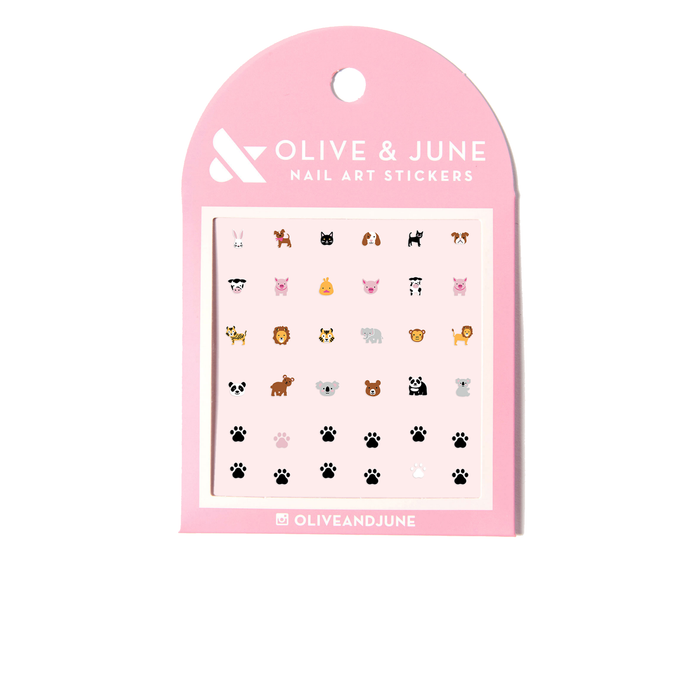Furry Friends nail art stickers featuring small animal faces and paw prints for manicures by Olive and June
