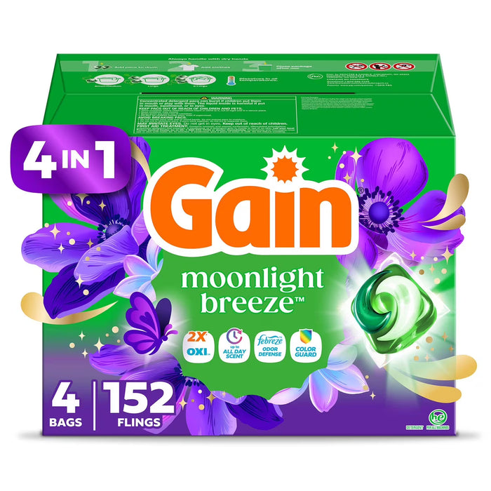 Gain Flings 4 in 1 Laundry Detergent Pacs, Moonlight Breeze - 152 Ct