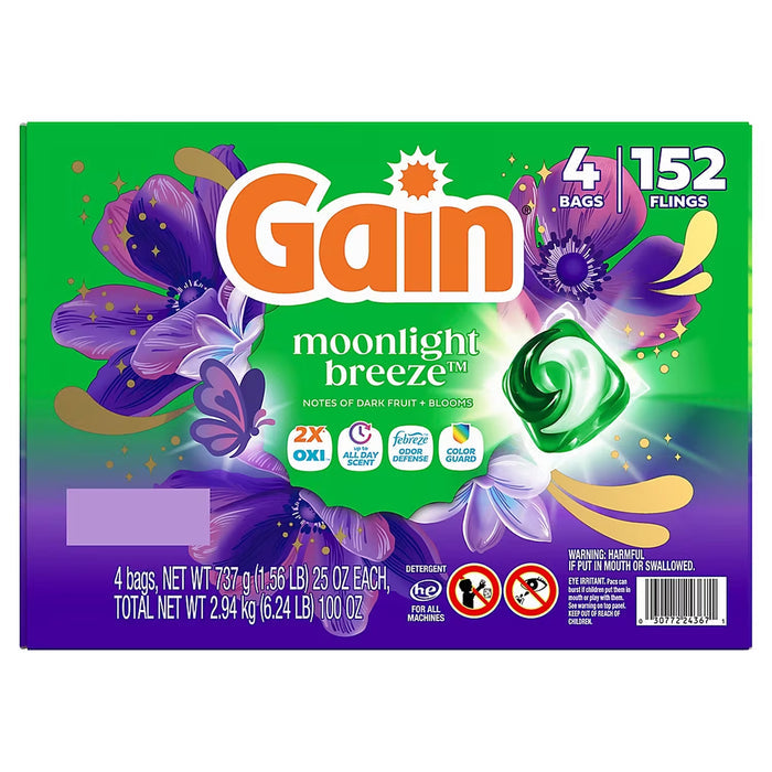 Gain Flings 4 in 1 Laundry Detergent Pacs, Moonlight Breeze - 152 Ct