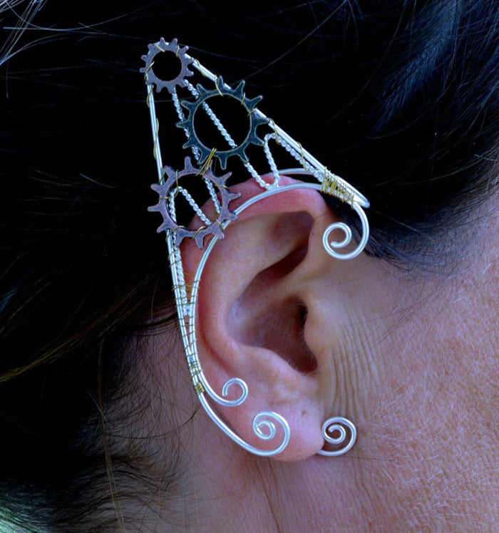 Model wearing steampunk gear elf ear cuff, lightweight, no piercing