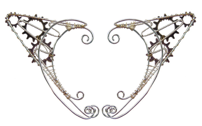 Gears of Steampunk Elf Ear Cuffs - Lightweight No Piercing Jewelry back view