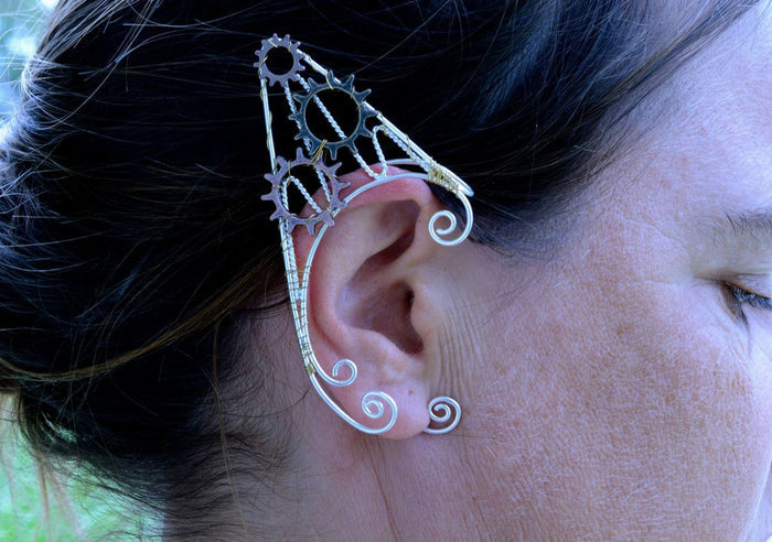 Model wearing Gears of Steampunk Elf Ear Cuffs - Lightweight No Piercing Jewelry