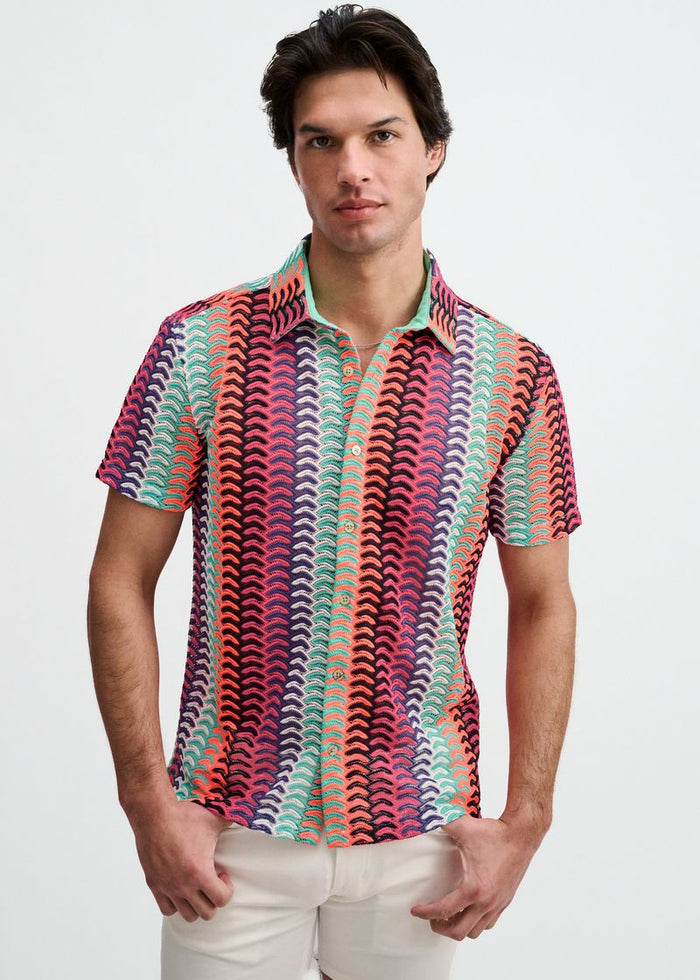 Gelato/Fuchsia Vertical Arrow Stripe Open Knit Short Sleeve Shirt St-24072