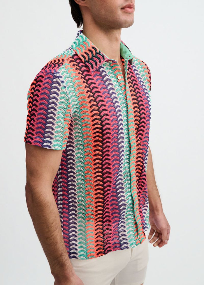 Gelato/Fuchsia Vertical Arrow Stripe Open Knit Short Sleeve Shirt St-24072