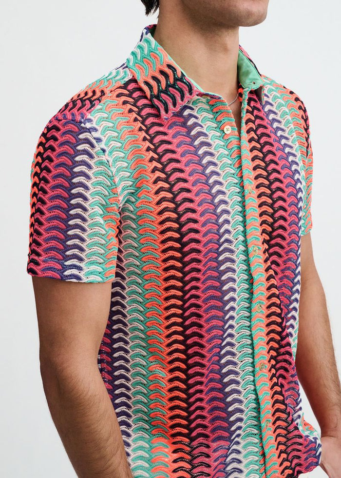 Gelato/Fuchsia Vertical Arrow Stripe Open Knit Short Sleeve Shirt St-24072