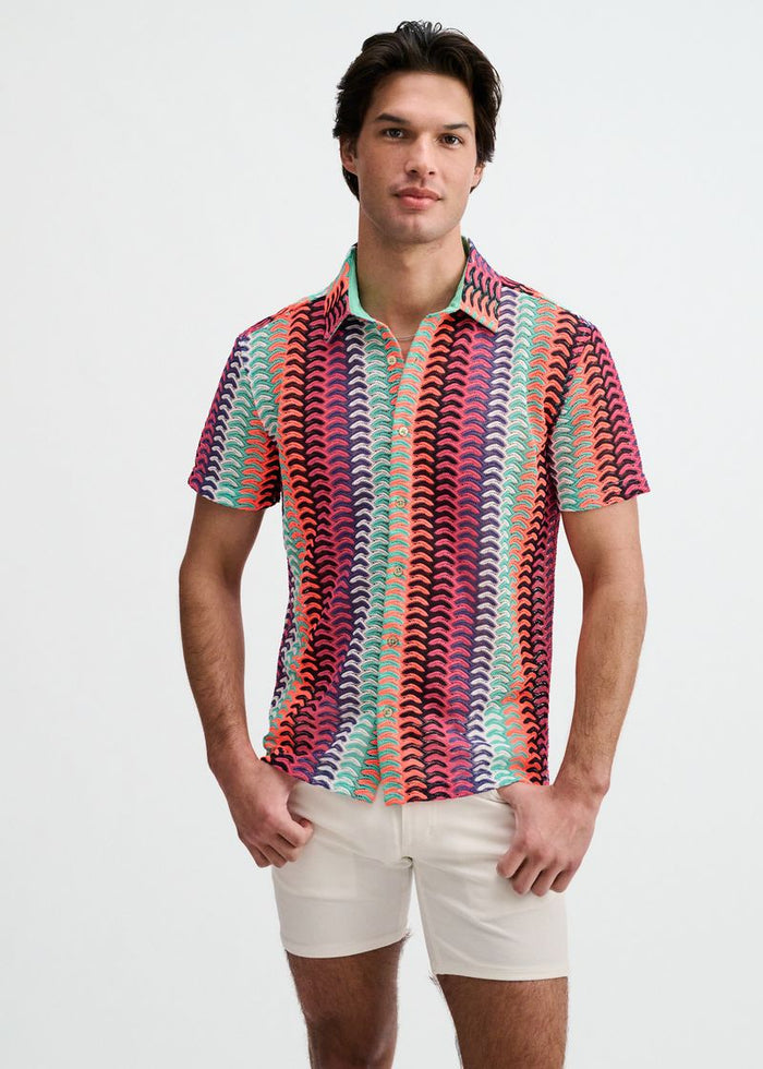 Gelato/Fuchsia Vertical Arrow Stripe Open Knit Short Sleeve Shirt St-24072