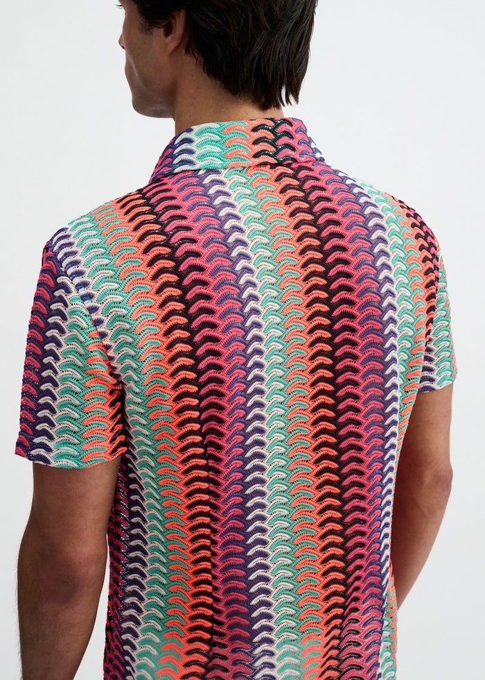 Gelato/Fuchsia Vertical Arrow Stripe Open Knit Short Sleeve Shirt St-24072