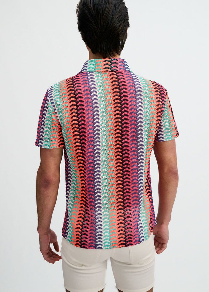 Gelato/Fuchsia Vertical Arrow Stripe Open Knit Short Sleeve Shirt St-24072