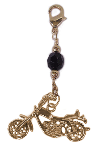 gold motorcycle charm with black faceted bead mini hair accessory front view