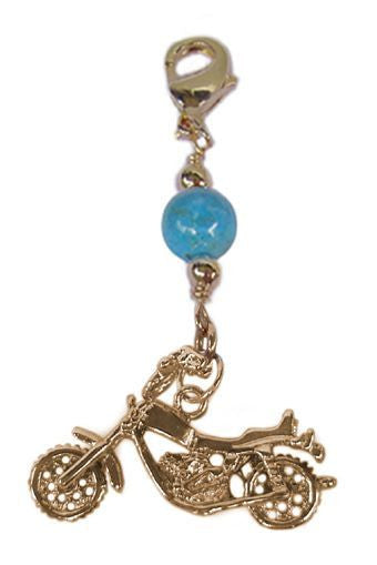 Gold motorcycle hair charm with turquoise bead, front view
