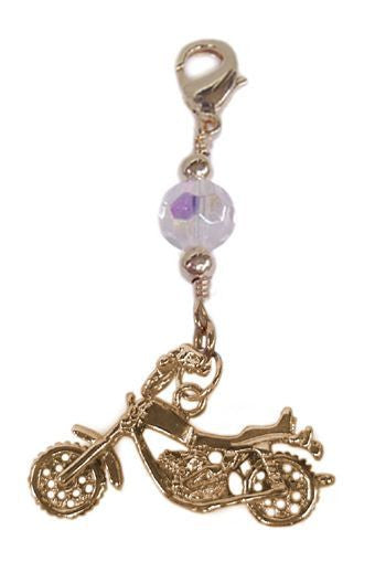 Gold motorcycle hair charm with clear bead, front view