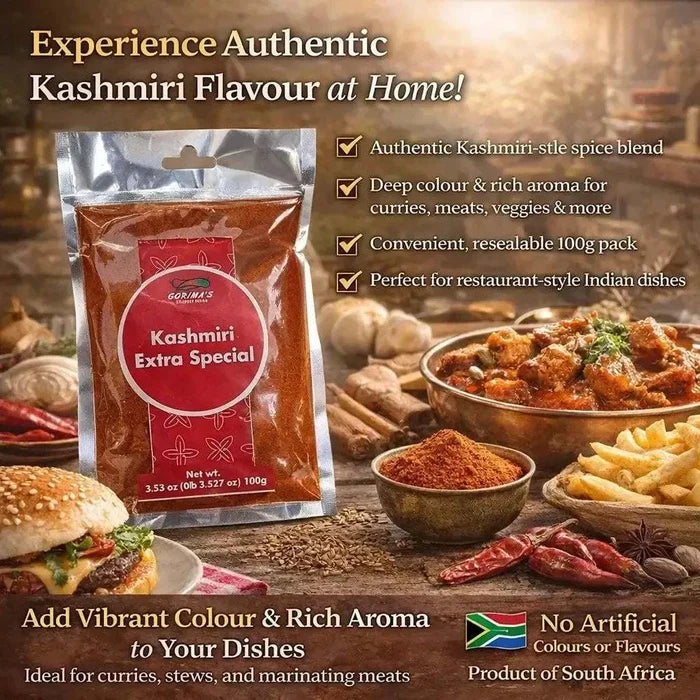 Gorima's Spice Kashmiri Extra Special 100g resealable pack with aromatic traditional masala blend for rich curries and stews