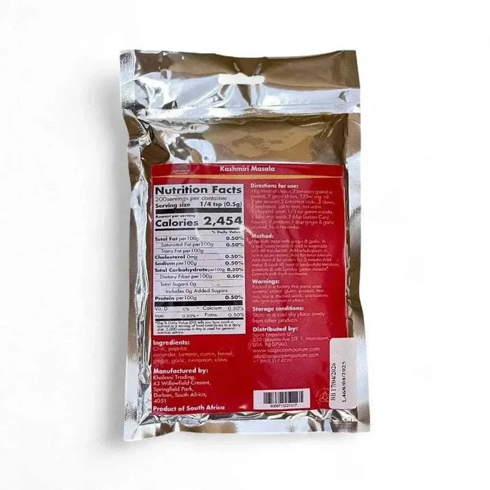 Back of Gorima's Spice Kashmiri Masala 100g resealable pouch with nutrition facts, ingredients, usage directions, and product information labels.