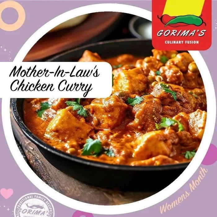 Gorima's Spice Mother-in-law Masala 500g with spicy chicken curry in a black bowl