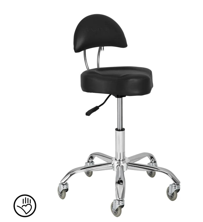 Sam Villa Signature Series Cutting Stool, professional hydraulic adjustable cutting chair with thick memory foam seat, supportive backrest, and adjustable footrest, ergonomic design for comfort and posture support, smooth rolling casters, ideal for hairdressers and stylists to reduce fatigue and promote healthy working posture in the salon