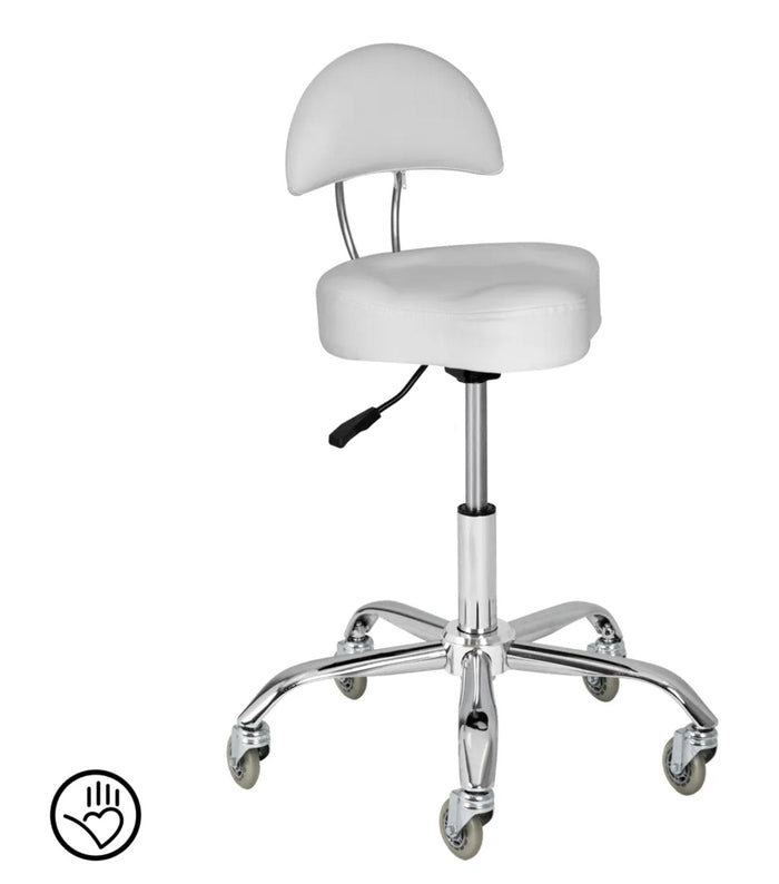 Sam Villa Signature Series Cutting Stool, professional hydraulic adjustable cutting chair with thick memory foam seat, supportive backrest, and adjustable footrest, ergonomic design for comfort and posture support, smooth rolling casters, ideal for hairdressers and stylists to reduce fatigue and promote healthy working posture in the salon