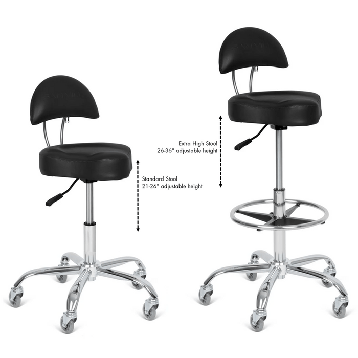 Sam Villa Signature Series Cutting Stool, professional hydraulic adjustable cutting chair with thick memory foam seat, supportive backrest, and adjustable footrest, ergonomic design for comfort and posture support, smooth rolling casters, ideal for hairdressers and stylists to reduce fatigue and promote healthy working posture in the salon