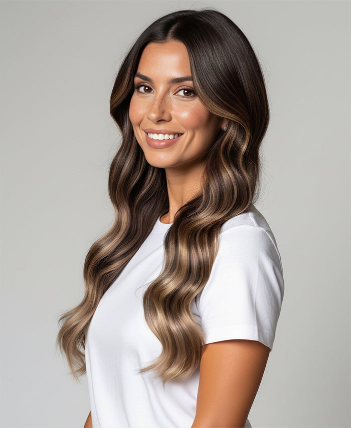 halo one-step hair extensions ash brown balayage.