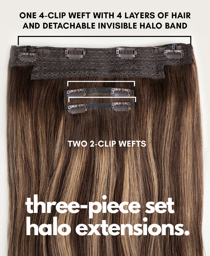 halo one-step hair extensions ash brown balayage.
