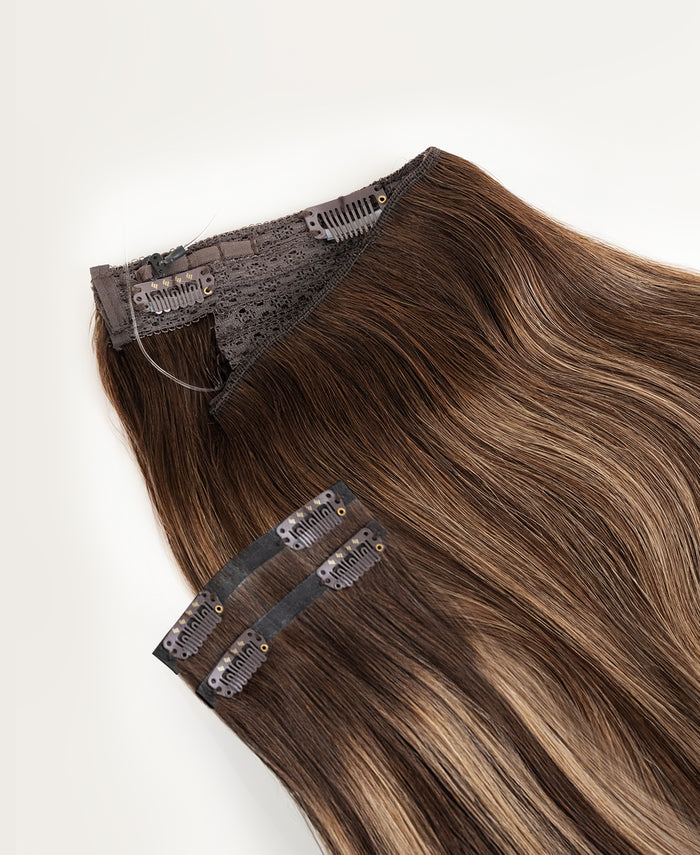 halo one-step hair extensions ash brown balayage.