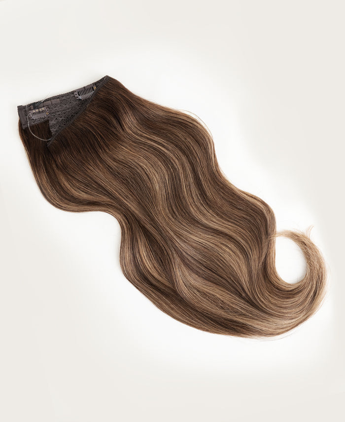 halo one-step hair extensions ash brown balayage.