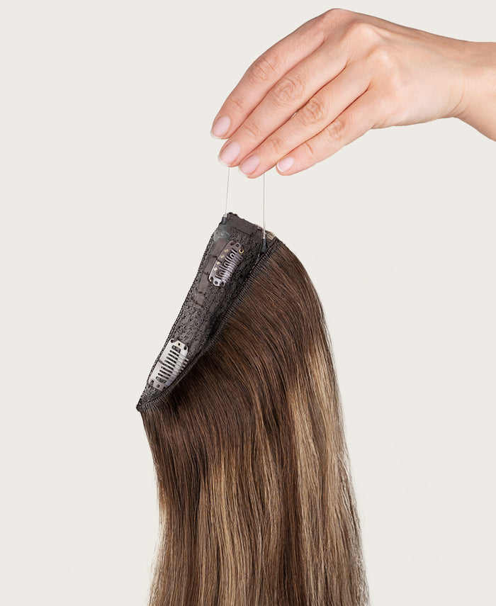 halo one-step hair extensions ash brown balayage.
